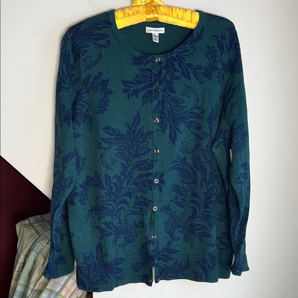 Croft and Barrow Dark Fairy Teal Cardigan with Navy Floral Design XL